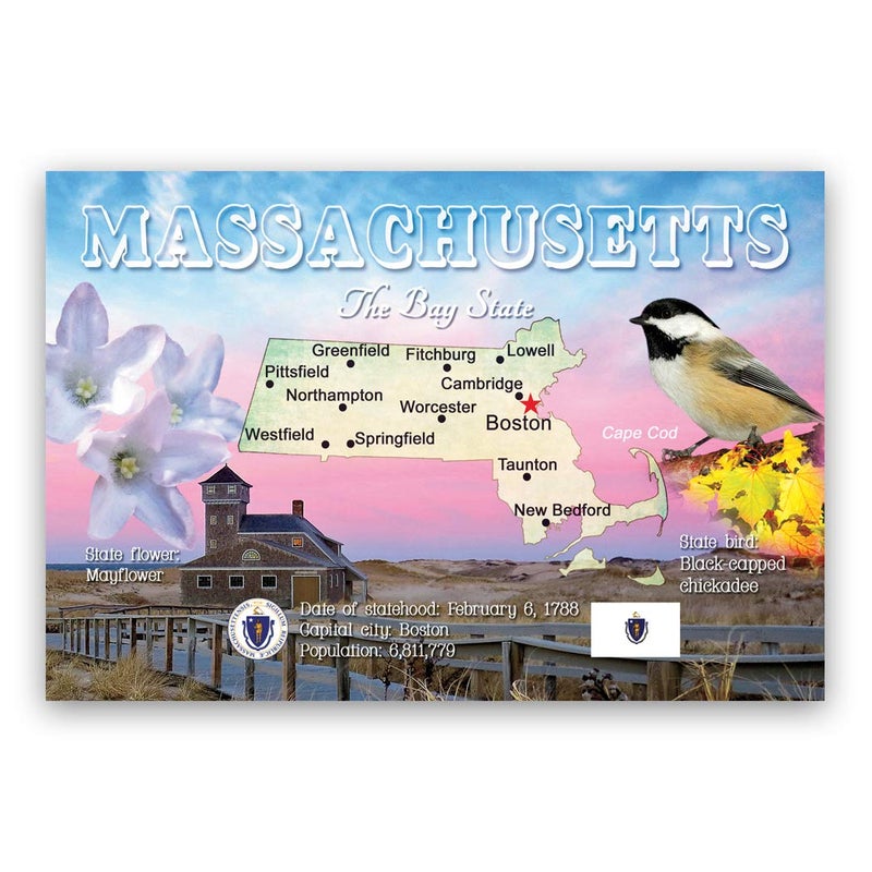 Postcard Fair MASSACHUSETTS MAP postcard set of 20 identical postcards. MA state map post cards. Made in USA. - Image 1